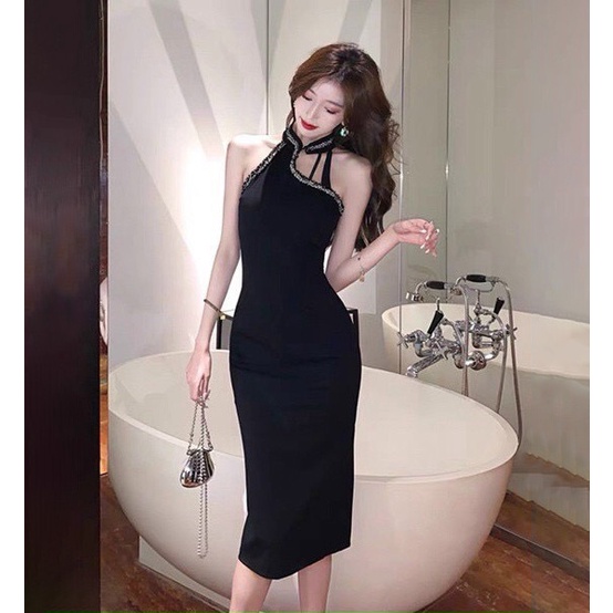 Đầm Váy Nữ Ôm Body Sườn Xám Đính Dây Cườm Đá  Thiết Kế Sang Chảnh Đi Làm Công Sở, Dạ Hội Và Du Lịch