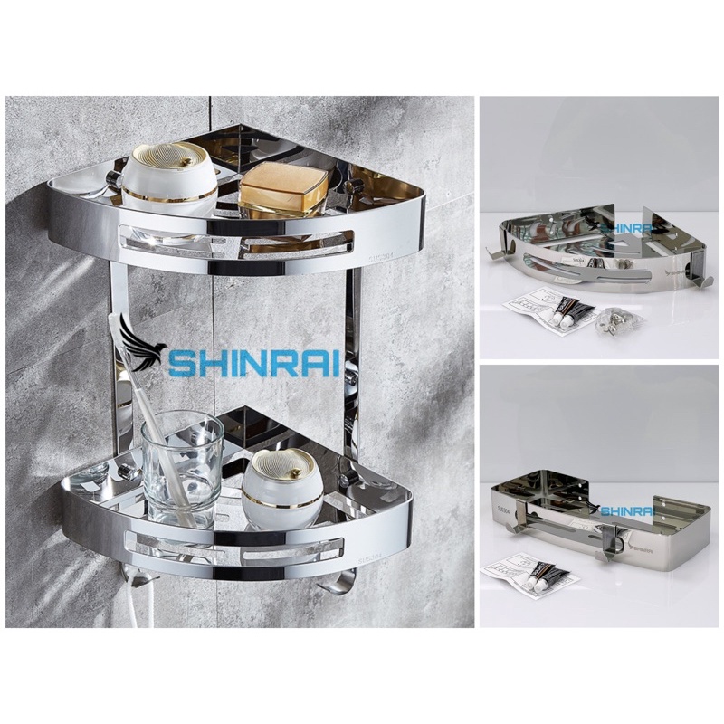 ( Dán Tường - Tặng Móc Treo ) Kệ Góc Đựng Chai Dầu Gội , Giá Để Đồ Nhà Tắm INOX SUS304 SHINRAI 2 Tầng