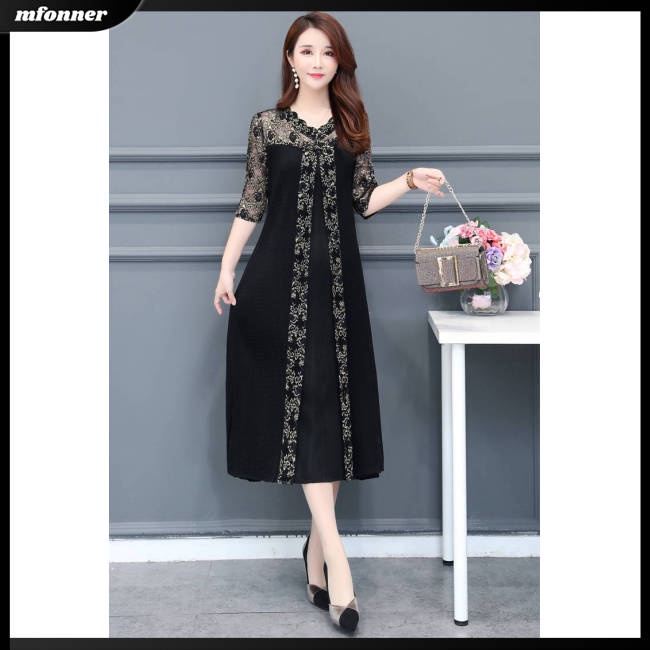 Đầm Dáng Rộng Cổ Chữ V Phối Lưới In Họa Tiết Xinh Xắn Thời Trang Cho Nữ