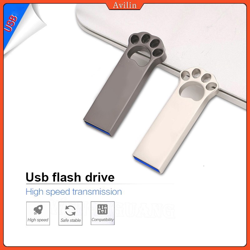 Ổ Đĩa Flash USB 2.1 Hình Chân Mèo Bằng Kim Loại Màu Bạc Dễ Thương Kèm Móc Khóa Tiện Dụng