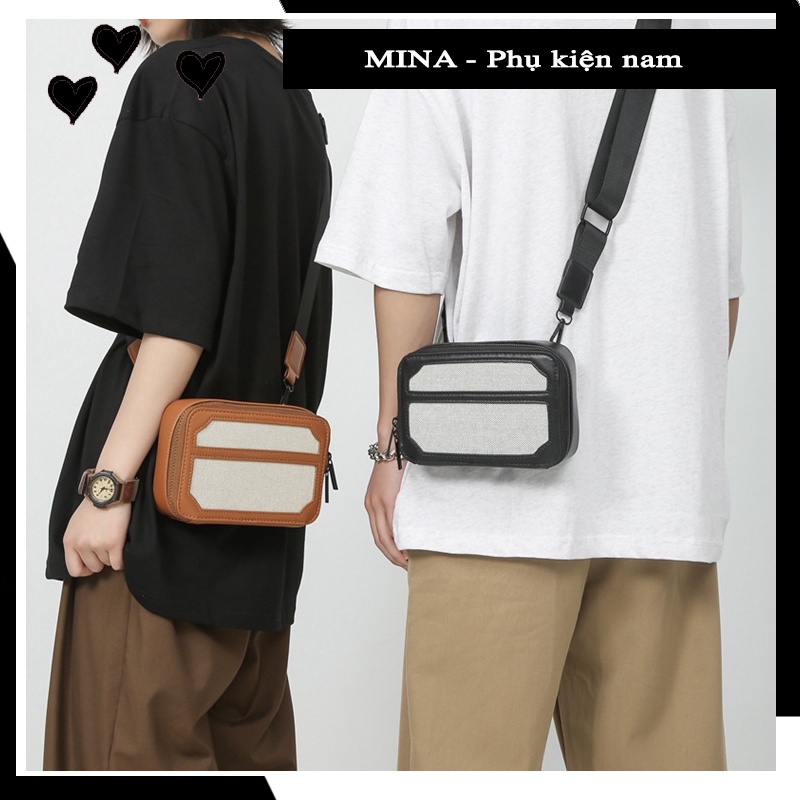 Túi xách nam đeo chéo giỏ da dáng hộp messenger cứng cáp cặp đeo ngực, giỏ đeo hông chéo nam nữ unisex MINA