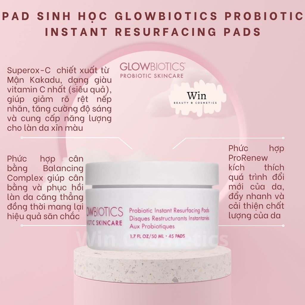 Pad sinh học tẩy da chết Glowbiotics dày sừng bít tắc Glowbiotics Probiotic Instant Resurfacing Pads
