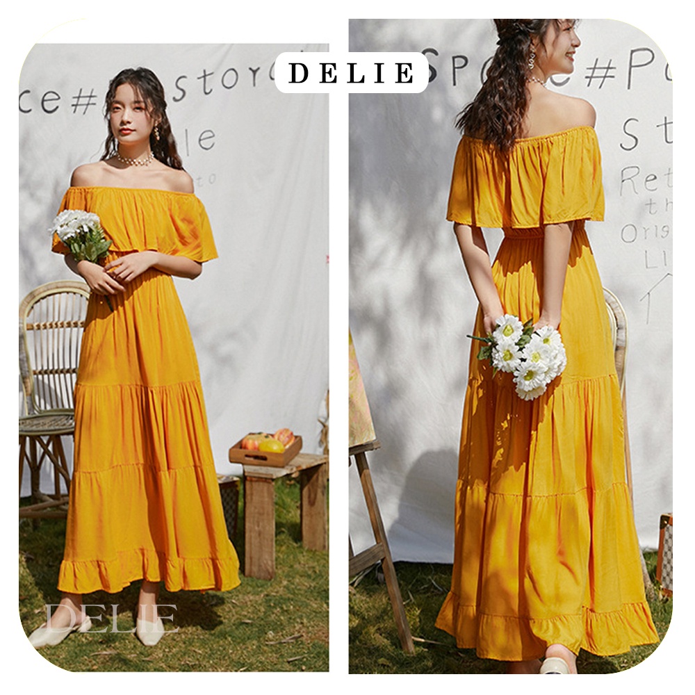 Đầm maxi vàng trễ vai DELIE váy đi biển kiểu pháp dáng dài mịn mát tôn dáng VK01