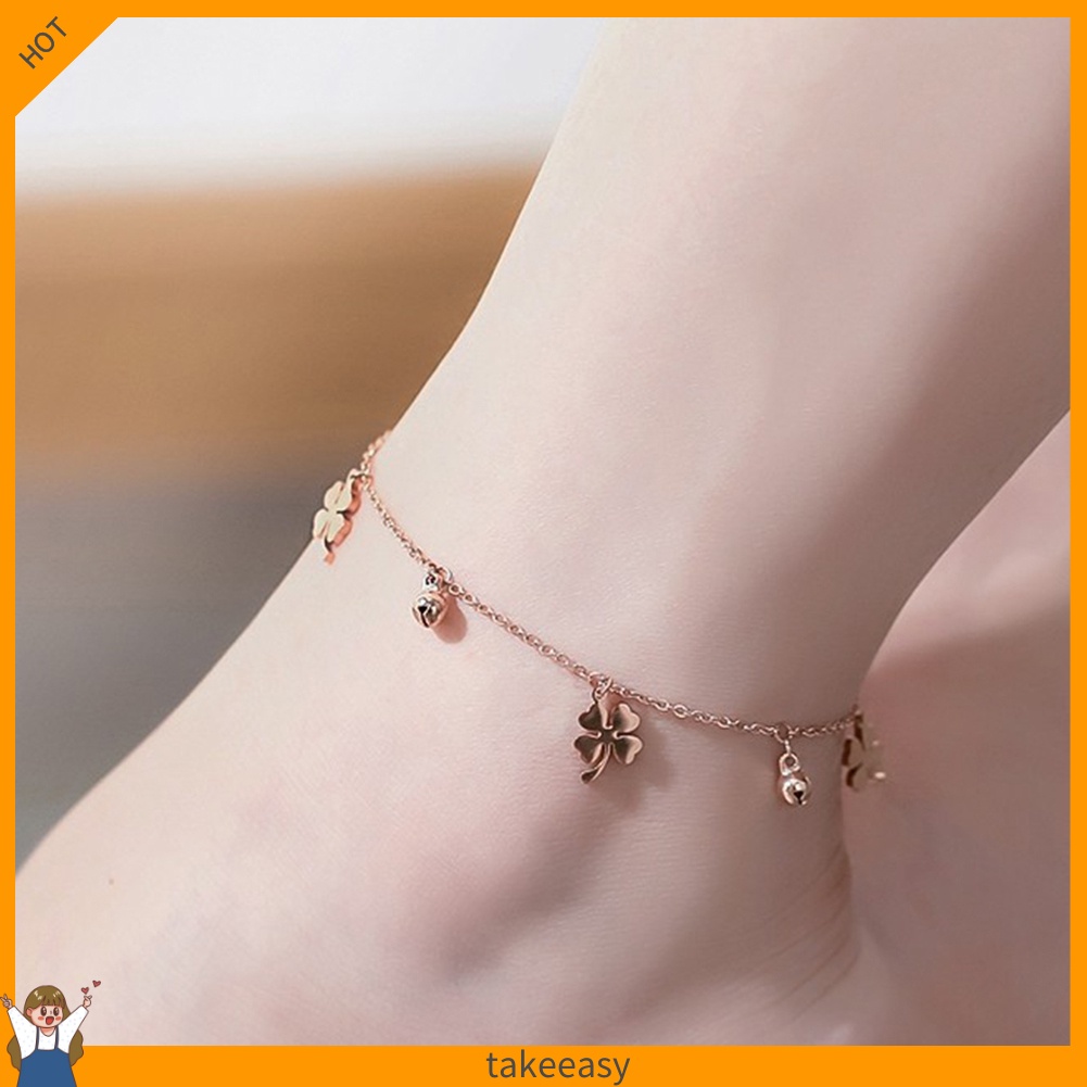 Lắc chân nữ phối mặt hình cỏ bốn lá và chuông may mắn