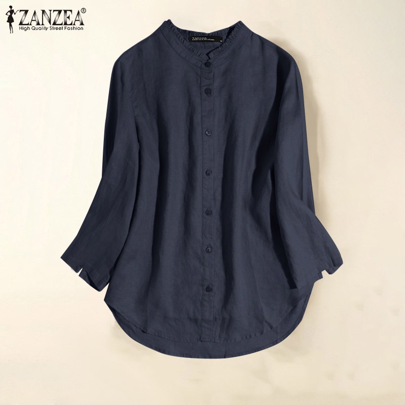 Áo sơ mi ZANZEA tay dài cổ tròn màu trơn thời trang thanh lịch cho nữ