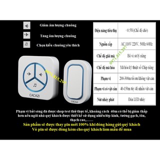 CACAZI 9909 Chuông cửa không dây chống nước cao cấp có kèm miếng dán 3M để dán nút nhấn chuông