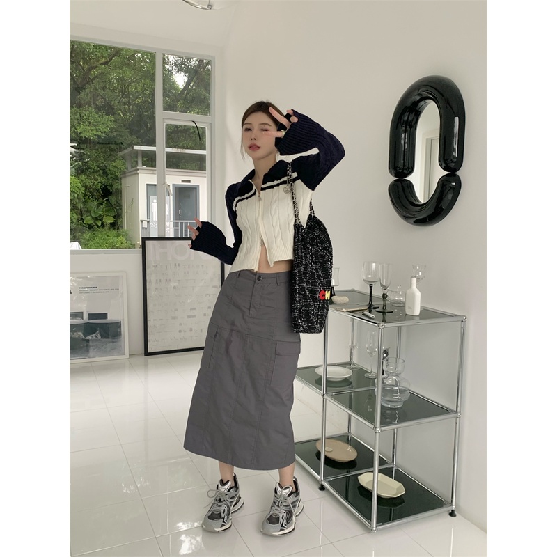 ZHELIHANGFEI Áo Khoác Cardigan Dệt Kim Tay Dài Cổ Bẻ Lưng Cao Quyến Rũ