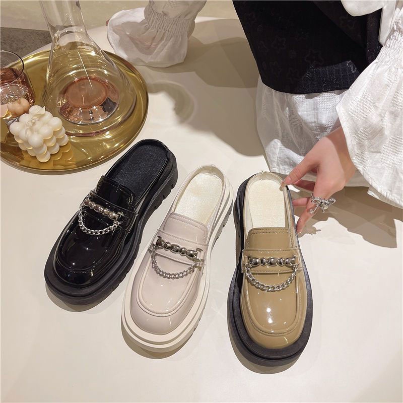 One more shoes⭐Dép đi trong nhà nửa đầu Baotou mới dành cho nữ Giày đế dày lười lười có dây xích