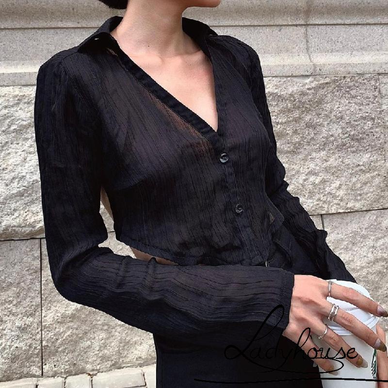 Áo Sơ Mi Crop Top Tay Dài Hở Lưng Màu Trơn Cài Nút Dành Cho Nữ