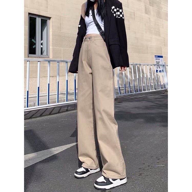 Quần jeans quần kaki ống suông nâu sữa cạp cao-mã Kaki Suông