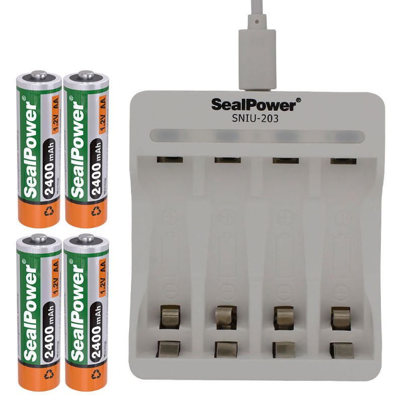 Máy sạc SealPower SNIU-203 kèm pin tiểu sạc, pin đũa sạc ,AA 2400mAh/AAA 1000mAh, 2A/3A  4 kênh đa năng chính hãng.
