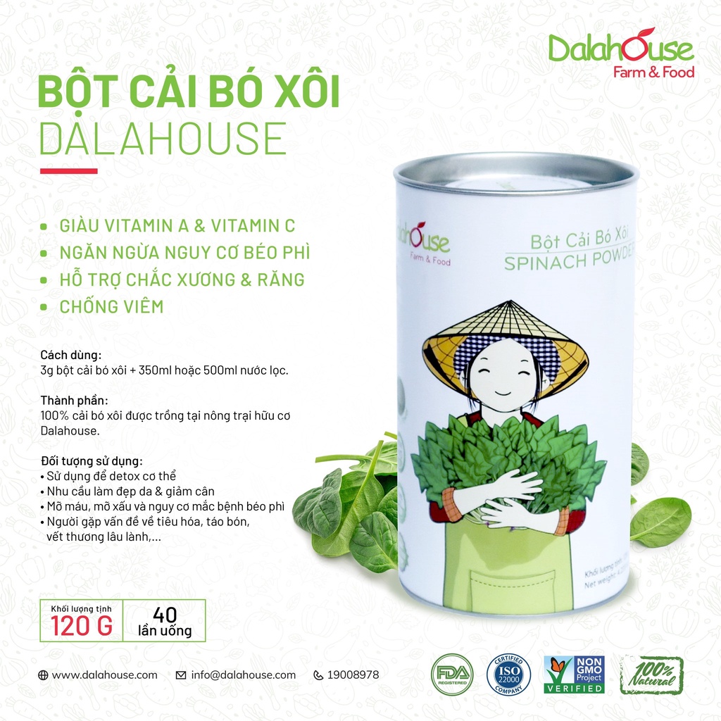 Bột cải bó xôi organic sấy lạnh nguyên chất Dalahouse giúp xương chắc khỏe, tiêu hóa tốt, tăng cường thị lực 60/120gr