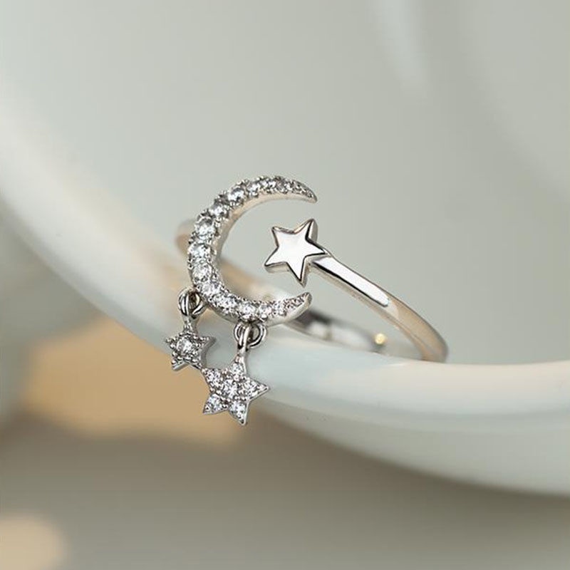 Nhẫn Hở Hình Ngôi Sao Và Mặt Trăng Màu Bạc Bằng Đồng Thau Đính Đá Zircon Thời Trang Đa Năng Có Thể Điều Chỉnh Cho Nữ