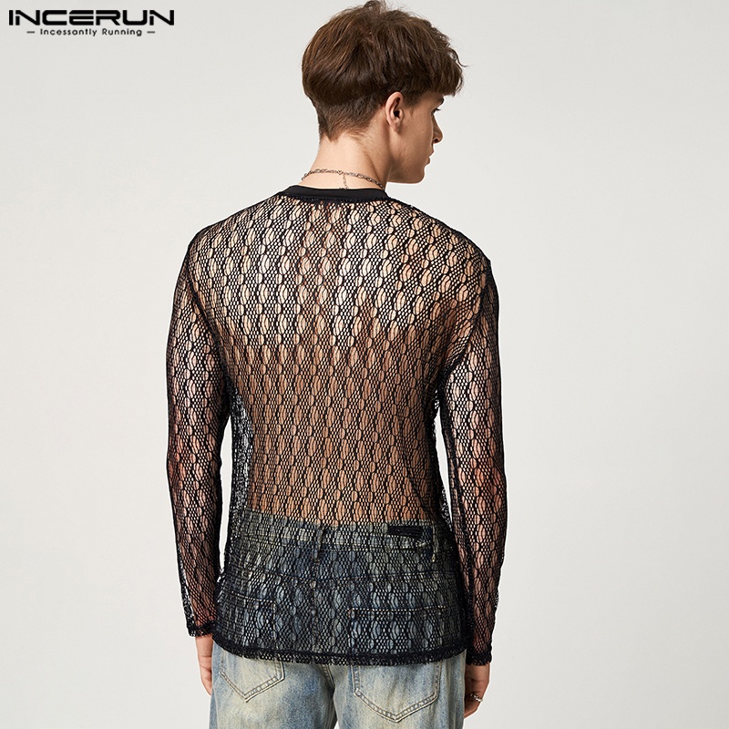 Áo thun INCERUN vải lưới tay dài cổ tròn thời trang cho nam