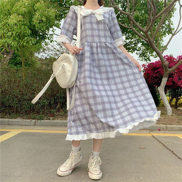 Đầm Midi Tay Ngắn Dáng Rộng Cổ Thủy Thủ Phong Cách Hàn Quốc Thời Trang Mùa Hè Xinh Xắn Cho Nữ