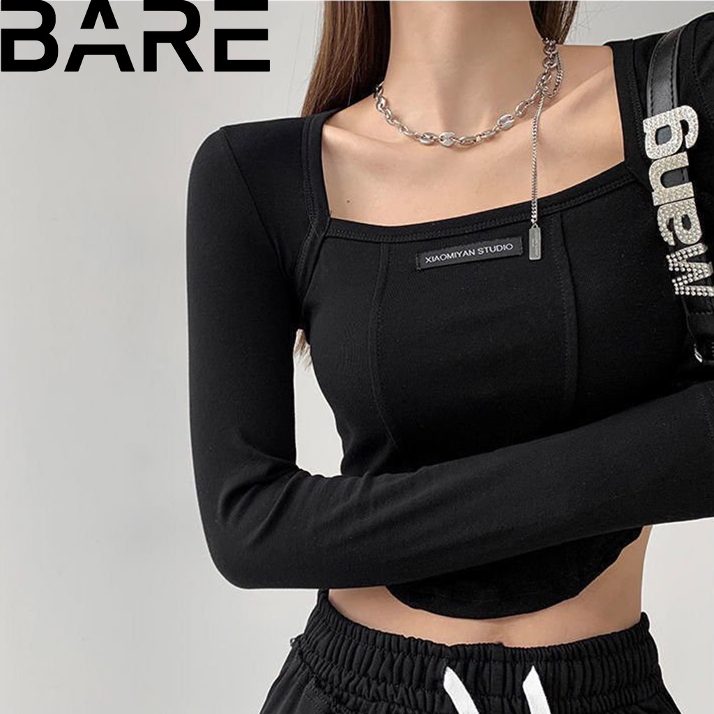 Áo croptop ôm nữ tay dài cổ vuông thiết kế logo cá tính chất thun gân dày dặn - AO064