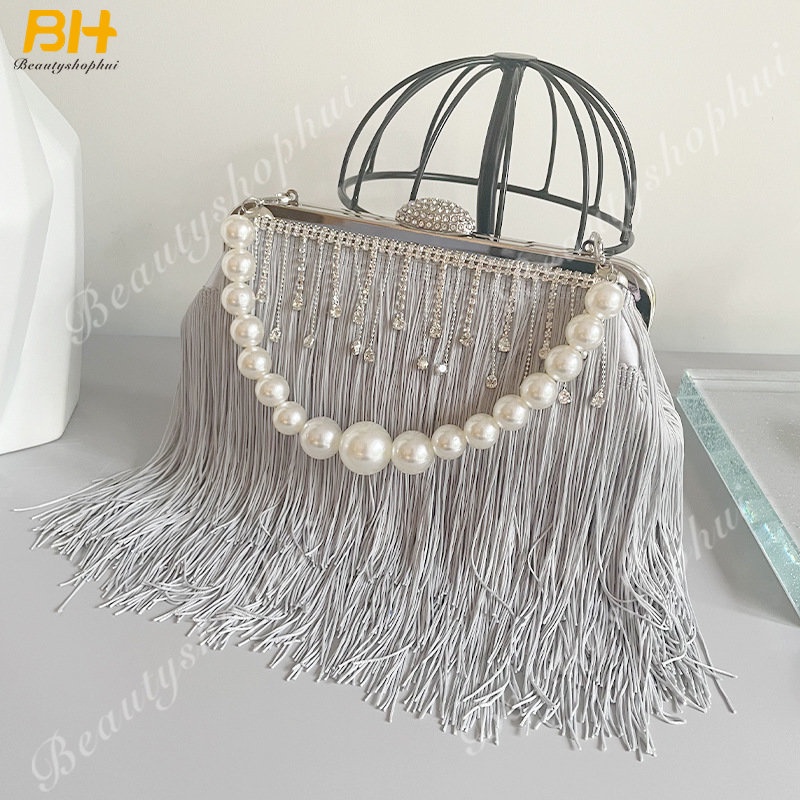 Túi Xách Đeo Vai Đính Ngọc Trai Phối Tua Rua Phong Cách Âu Mỹ Sang Trọng Dành Cho Nữ