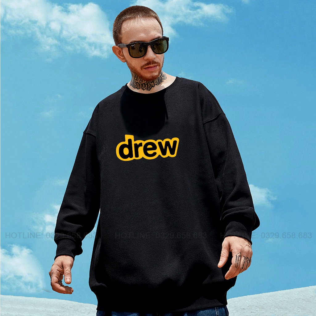 Áo Sweater in chữ Drew, Áo Hoodie đen trắng form unisex chất nỉ bông ấm áp