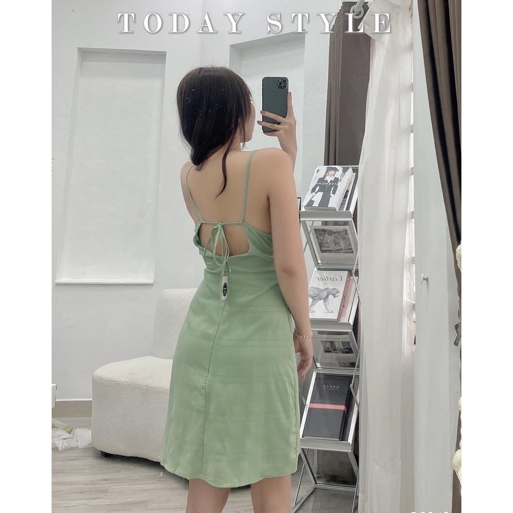 Váy 2 dây hở lưng ôm body  khóa kéo lưng 2 lớp xanh