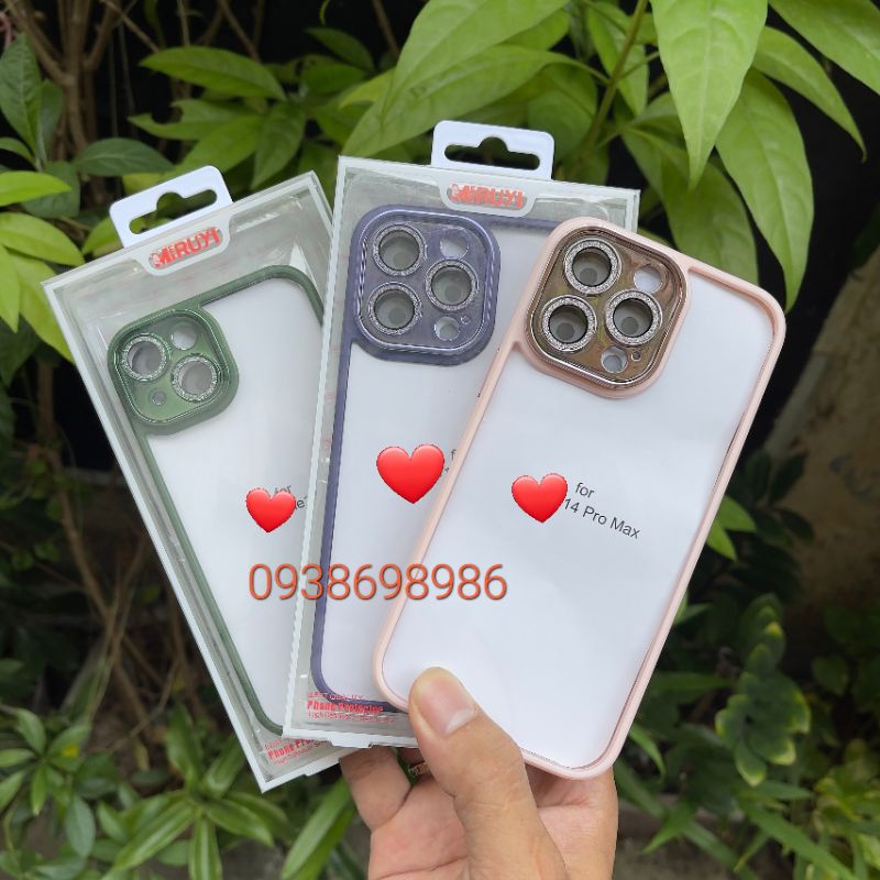 Ốp lưng kính trong viền màu bảo vệ camera gắn đá nhũ cho iPhone 14 , 14 pro,14 plus ,14 pro max,13Pro Max MI RUY (1)