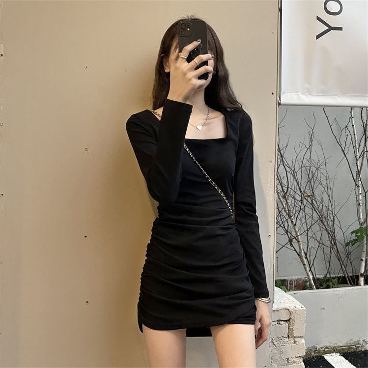 Đầm Ngắn Cổ Vuông Tay Dài Dáng Ôm Màu Đen Phong Cách Pháp Thời Trang Mùa Thu 2022