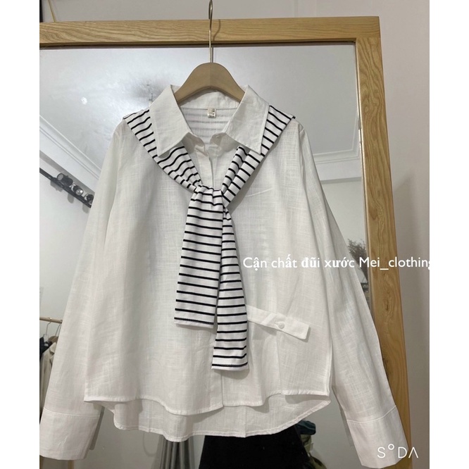 Áo Sơmi Dài Tay Kèm Khoác Choàng Kẻ Sọc, Sơ Mi Đũi Mát Mẻ