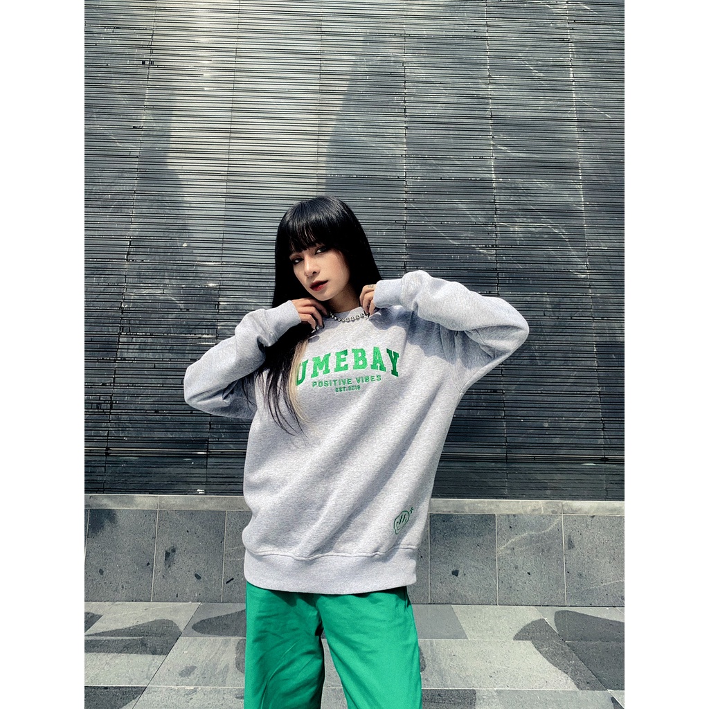 Áo sweater nỉ dài tay nam nữ thêu logo Umebay, 100% cotton form oversize cổ tròn USW06