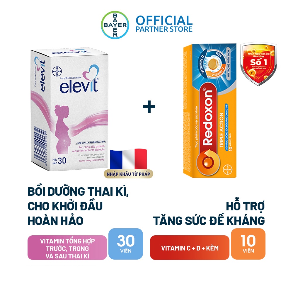 Combo Vitamin Bầu Tổng Hợp Elevit Cho Phụ Nữ Trước, Trong và Sau Thai Kỳ 30 Viên + Viên sủi Redoxon 10 Viên
