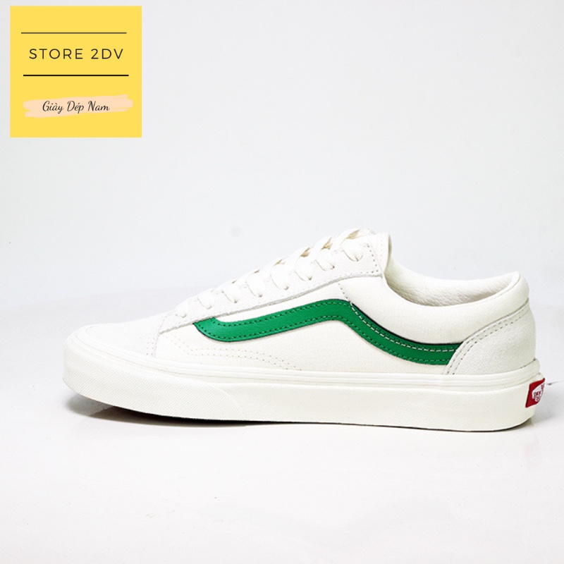Giày Sneaker Nam Vans Old Skool Trắng Viền Xanh Lá Da Lộn Giày Vans Style 36
