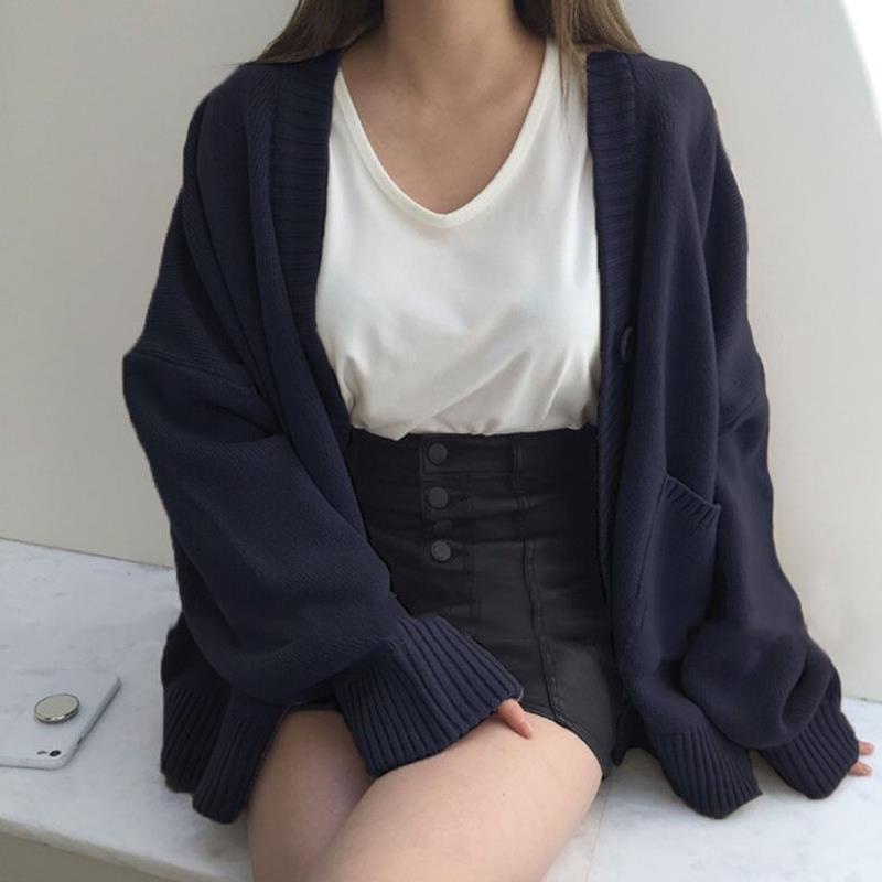 Áo Khoác Cardigan Dệt Kim Cổ Chữ V Dáng Rộng Màu Xanh Navy / Đen Thời Trang Cho Nữ