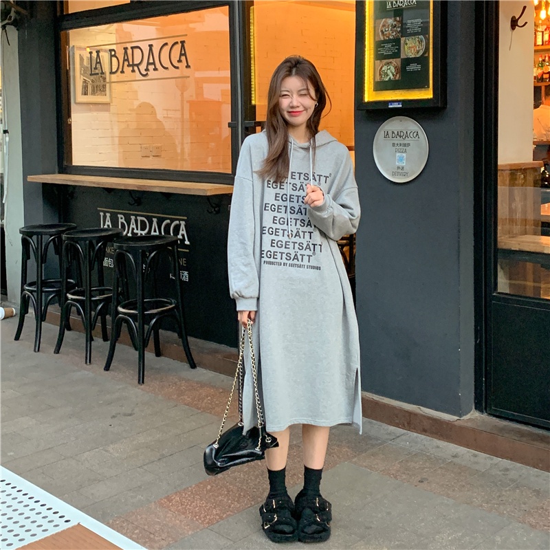 Đầm Nữ Dài Tay Có Nón In Chữ Thời Trang Hàn Quốc