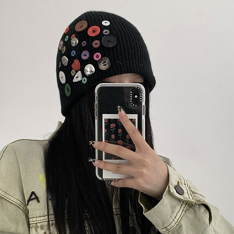 Mũ Len Dệt Kim Phối Nút Độc Đáo Thời Trang Thu Đông Cho Nữ