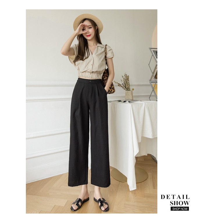 Quần đũi ống rộng nữ cạp chun sau dáng lửng chất đũi hàn kiểu dáng suông form rộng chất mềm Quần culottes thể thao