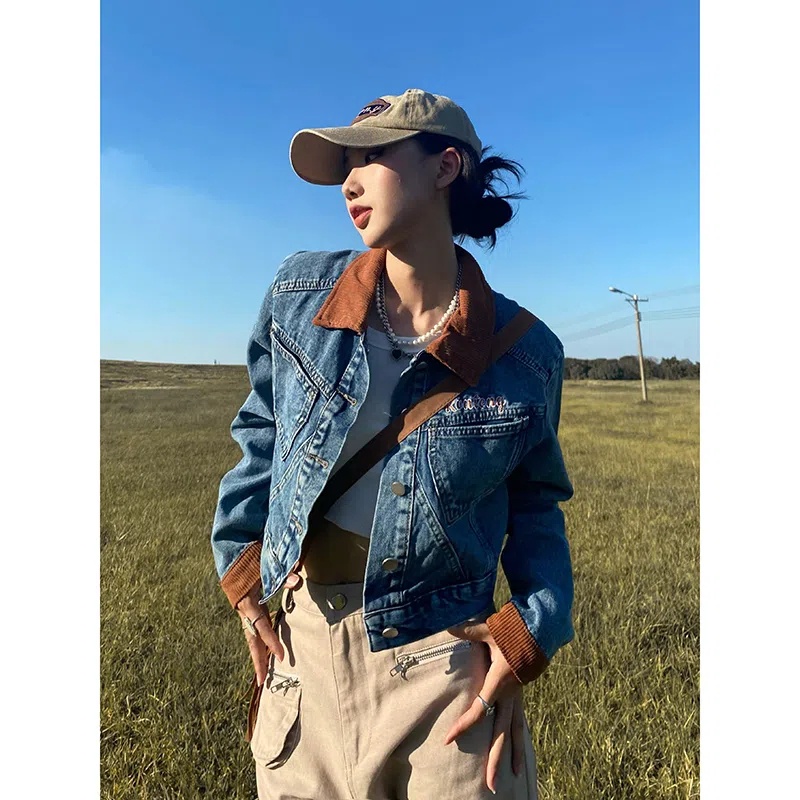 Áo Khoác Denim Tay Dài Dáng Rộng Phong Cách Thời Trang Retro Mỹ