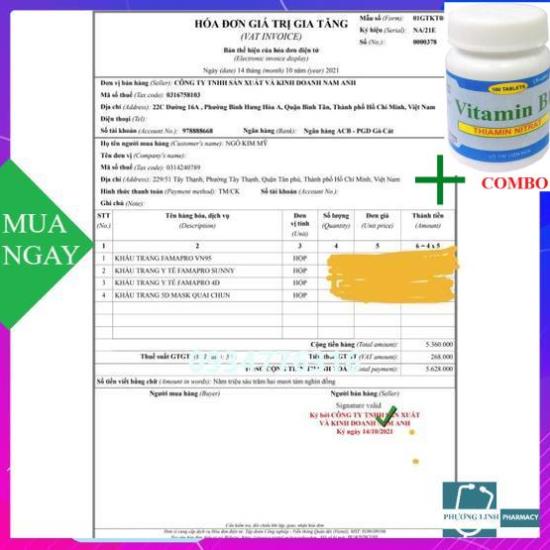Combo Vitamin B1 chai 100 viên+ Khẩu Trang Y Tế N94  4D  Nam Anh .Đạt chuẩn kháng khuẩn ( bịch 10 cái)