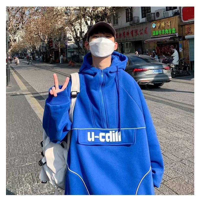 Áo hoodie nỉ dáng rộng phối khóa kéo