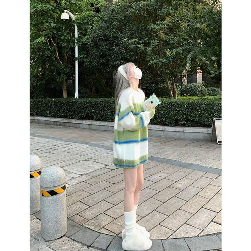 Jiashucheng Áo Sweater Dệt Kim Dáng Rộng Kẻ Sọc Màu Tương Phản Phong Cách Preppy Thời Trang Mùa Thu Mới Cho Nữ