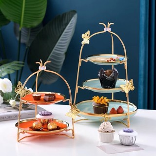 Khay sứ đựng hoa quả bánh kẹo 2 tầng viền vàng cao cấp