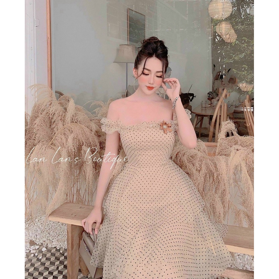 (Miễn Phí Ship 2022) Đầm nữ trễ vai dáng xòe tầng,đầm bi lưới có mút,chất đẹp tone màu tôn da sang chảnh,lên from xinh