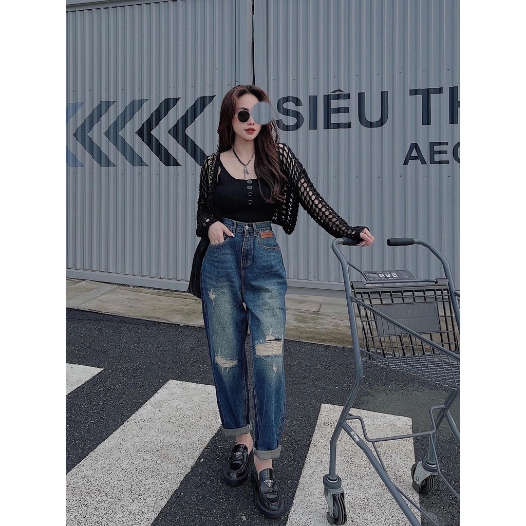 [BGDM291] QUẦN BAGGY JEANS NỮ LƯNG CAO RÁCH 2 MẢNG GỐI PHẢI 1 MẢNG GỐI TRÁI PHỐI MẠC DA MÀU XANH ĐẬM BỤI BẶM