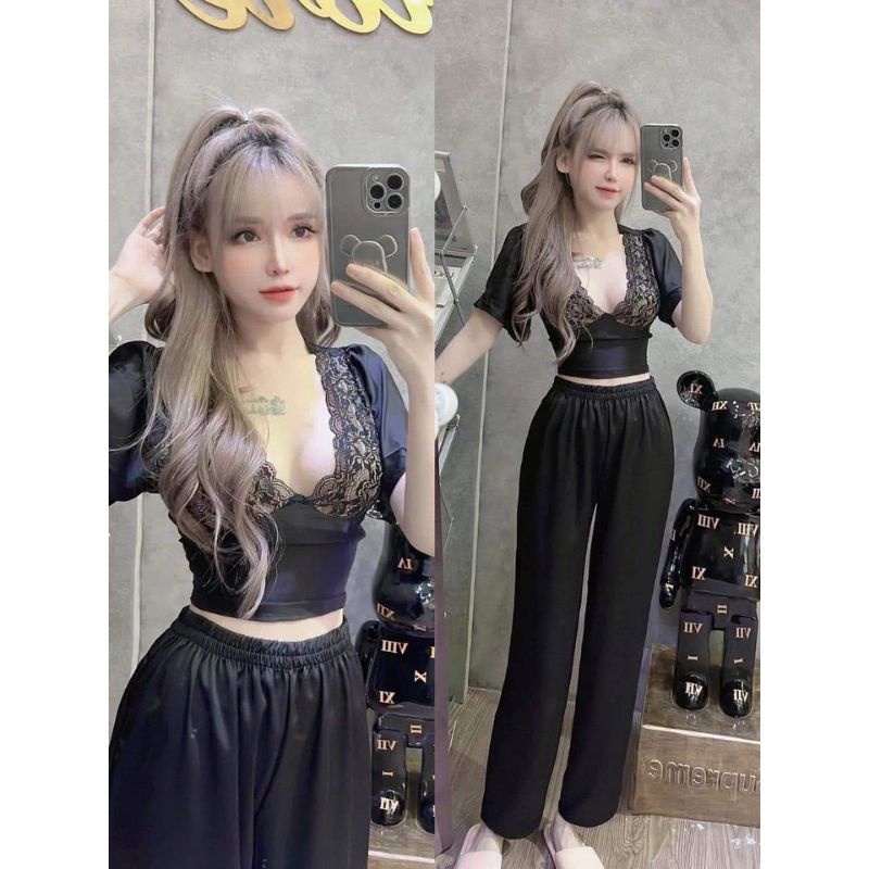 🥰 Bộ lụa nữ phối ren, sau lưng nhún thun