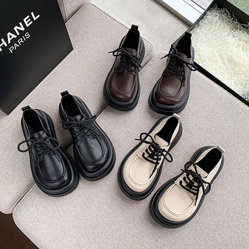 One more shoes Giày Da Đế Dày Buộc Dây Mềm Mại Thoải Mái Phong Cách retro Pháp Cho Nữ