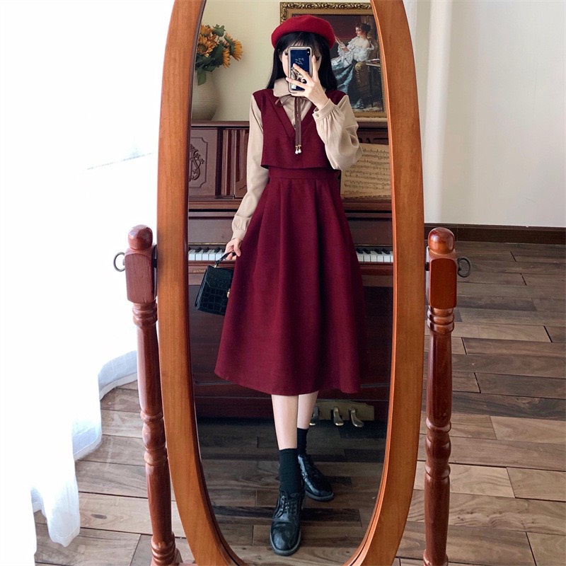 Váy đầm tiểu thư chất corduroy phối twill dày dặn nhiều màu liền mảnh kiểu Pháp | BigBuy360 - bigbuy360.vn