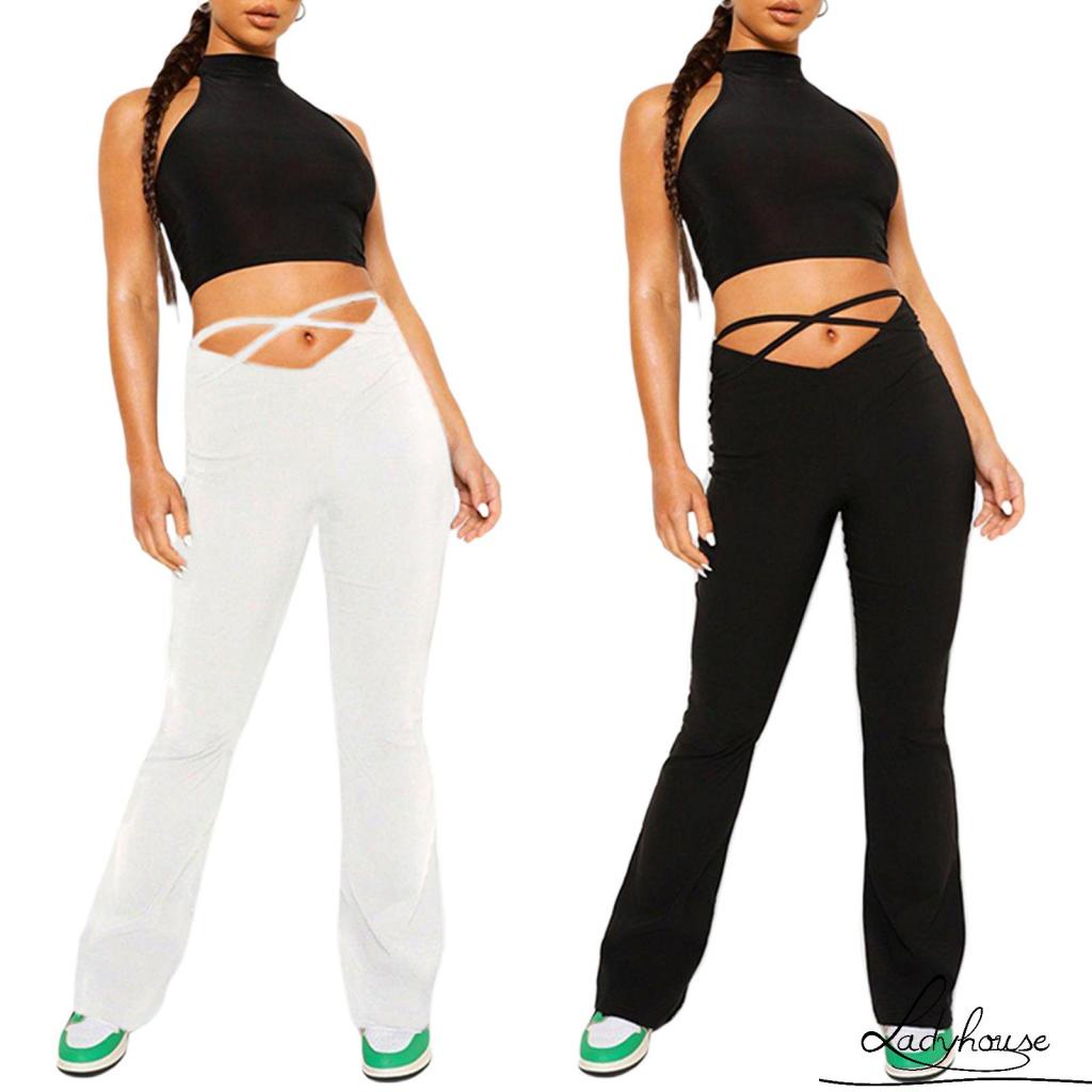 Ldd-quần Ống Loe Lưng Cao Màu Trơn Thời Trang Xuân Thu Dành Cho Người Lớn, Người Lớn, Màu Trắng / Đen / Xanh Lá, XS / S / M / L