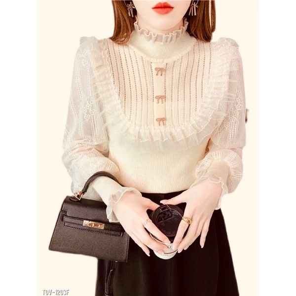 Áo len cổ ren tay voan ren siêu sọn sò Hàng sẵn ba màu đen / trắng / da tại shop Len quảng châu đẹp mặc thuđông cực xinh