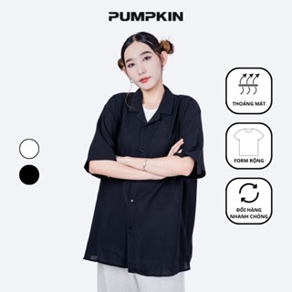 Áo sơ mi tay ngắn PUMPKIN form rộng unisex chất cotton mềm mại họa tiết trơn thêu Tag lưng Local Brand
