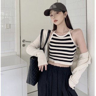 Set áo len nữ 2 dây cổ yếm kèm áo khoác len croptop, áo cardigan len nữ croptop mix áo hai dây 2790