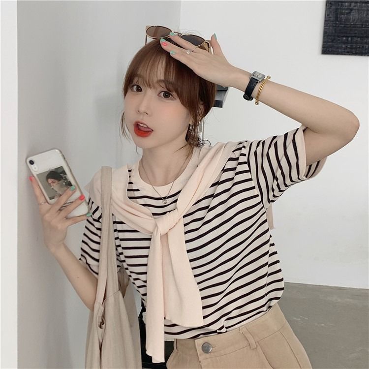 Áo Thun Tay Ngắn Cổ Tròn Họa Tiết Kẻ Sọc Thời Trang Mùa Hè Xinh Xắn Cho Nữ