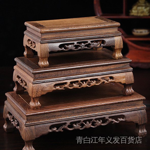 ((FF) Đế Gỗ Hình Chữ Nhật Chạm Khắc Tượng Phật Cánh Gà Đế Gỗ Để Chậu Hoa Trang Trí