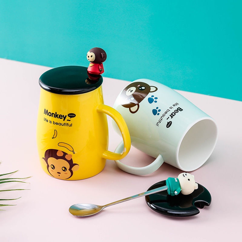 Cốc sứ KᕼẮᑕ TÊᑎ 𝘁𝗵𝗲𝗼 𝘆𝗲̂𝘂 𝗰𝗮̂̀𝘂 in hình 𝗕 𝗔𝗡𝗜𝗠𝗔𝗟 động vật dễ thương 400ml, ly sứ uống nước 𝗟Y̲ᑕ𝗨P có nắp, quà tặng decor